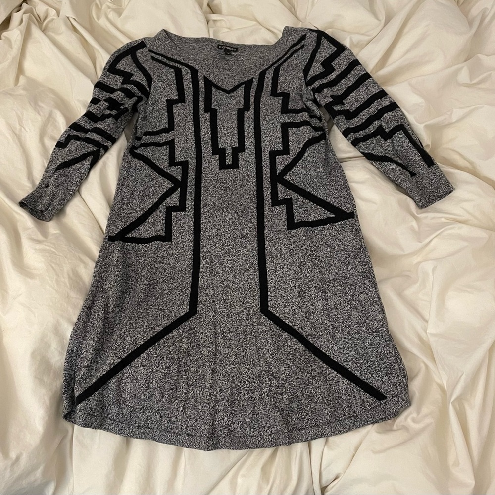 Express Marled Printed Sweater Dress, Small, Grey & Black Aztec Pattern